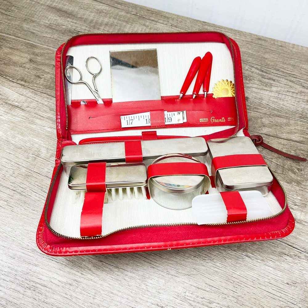 Vintage Leather Travel Grooming and Sewing Kit Western Germany